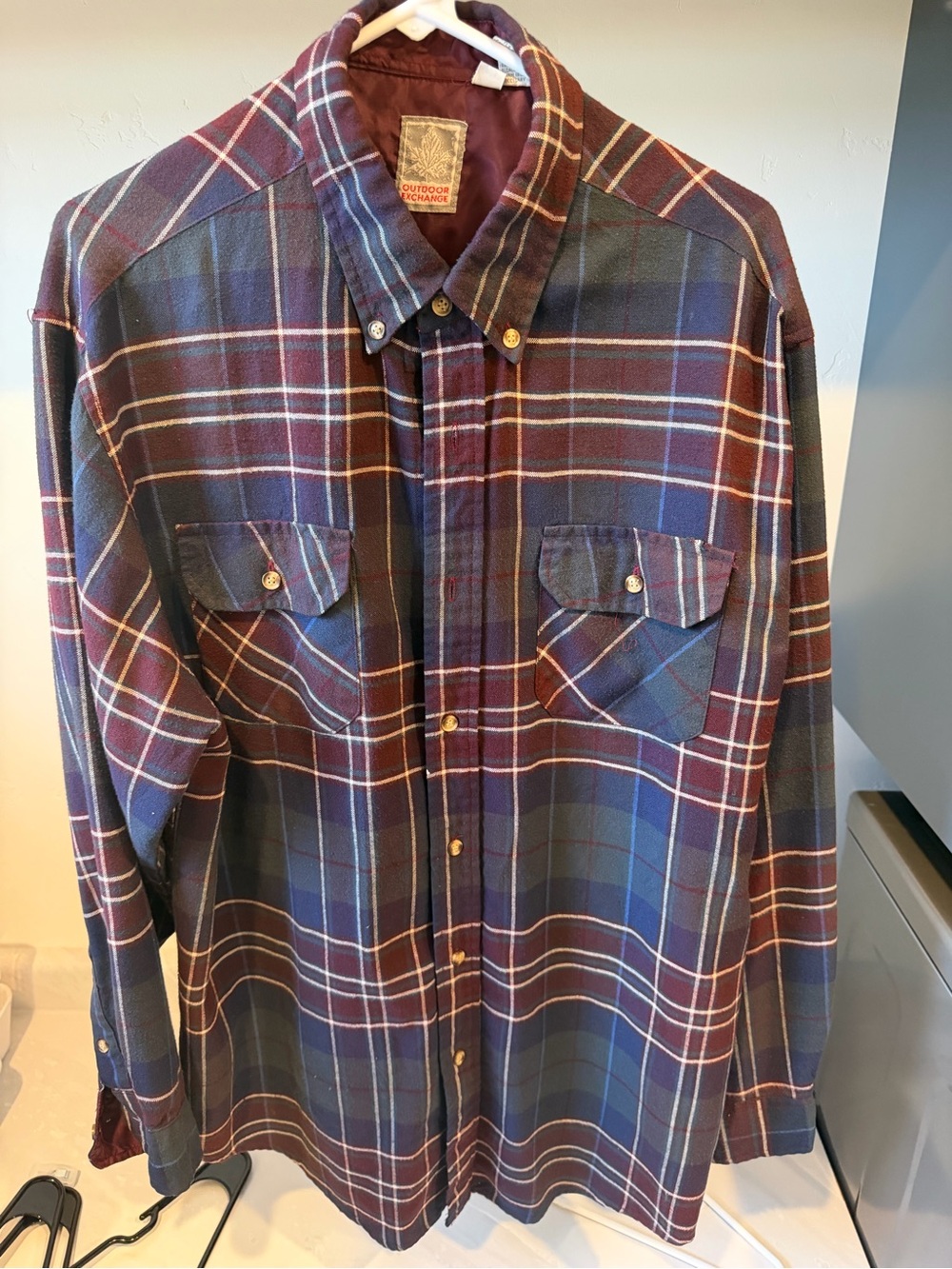 Vintage Outdoor Exchange Men's Plaid Button-Up Shirt - Navy & Burgundy